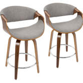 Curvini 24" Counter Stool in Light Grey Fabric & Walnut Finish Wood (Set of 2)